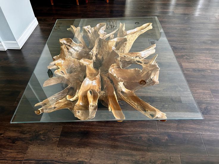 a glass coffee table with driftwood pieces on it