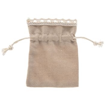 a small draws bag with white lace on the top and bottom, sitting on a white background