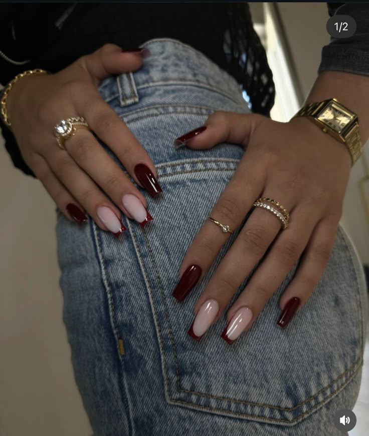 Cherry Red Nail Designs, Sqaure Nails, Burgundy Acrylic Nails, Red French, Simple Gel Nails, Work Nails, Burgundy Nails, Her Nails, Ballerina Nails