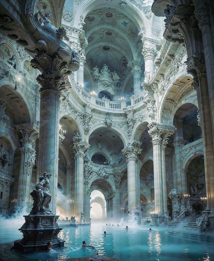 an indoor swimming pool in a large building with columns and arches on the ceiling, surrounded by water