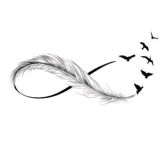 a black and white photo of birds flying in the sky with a long feather on it's tail