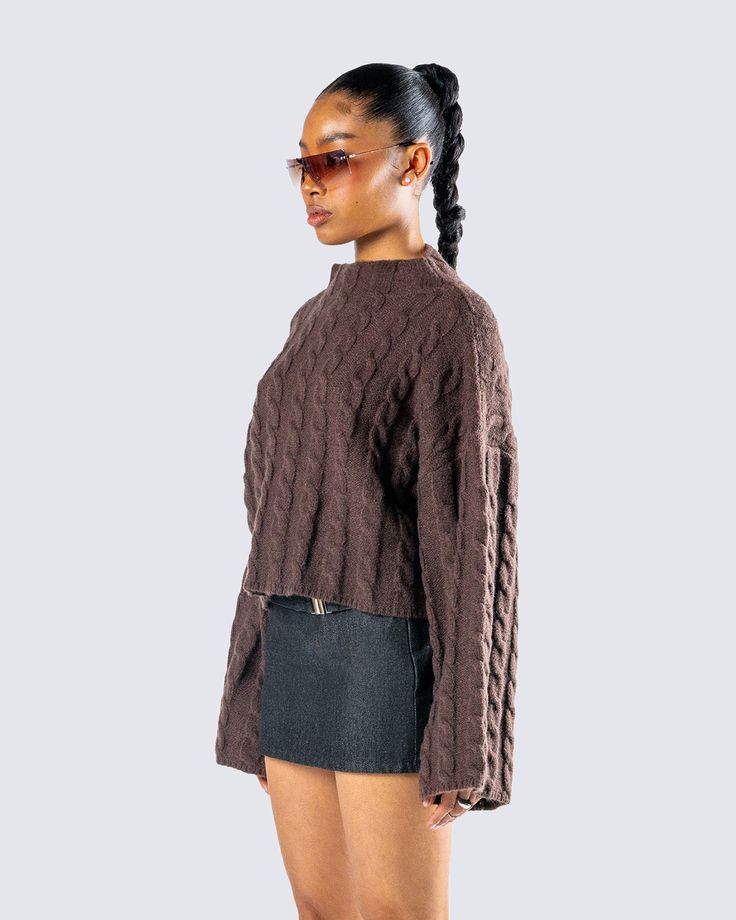 Bigger is always better 🤎 This brown chunky knit sweater, made complete with a cowl neck and long sleeves is taking sweater weather to a whole new level 👏 Brown Cable Knit Sweater, Belted Mini Skirt, Chunky Knit Sweater, Know Who You Are, Cargo Pant, Chunky Knits Sweater, Cable Knit Sweater, Knit Set, Hottest Trends