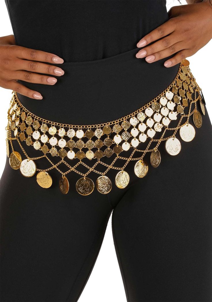 a woman is wearing a gold chain belt with coins on the bottom and side,