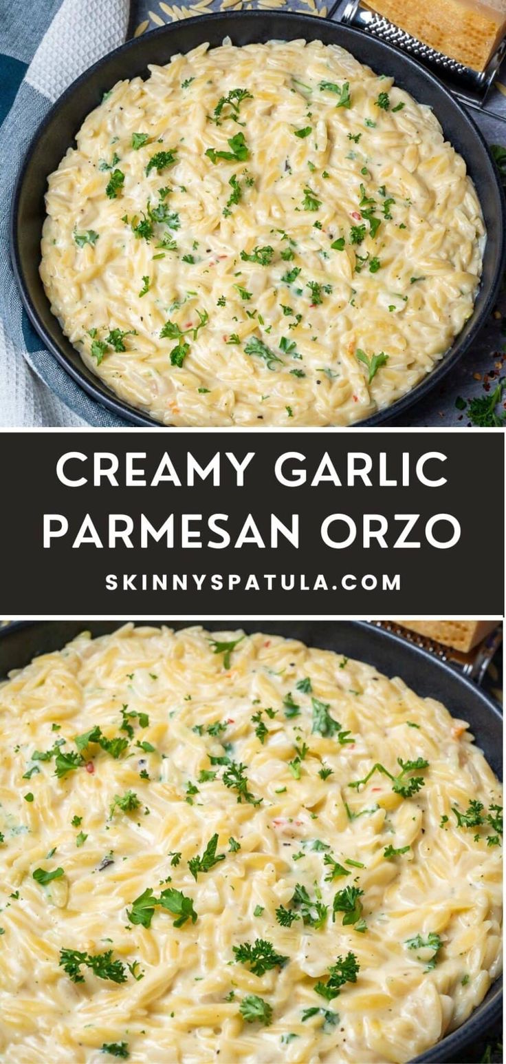 creamy garlic parmesan orzo in a cast iron skillet