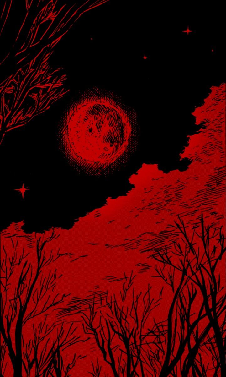 an image of a red sky with trees in the foreground and stars in the background