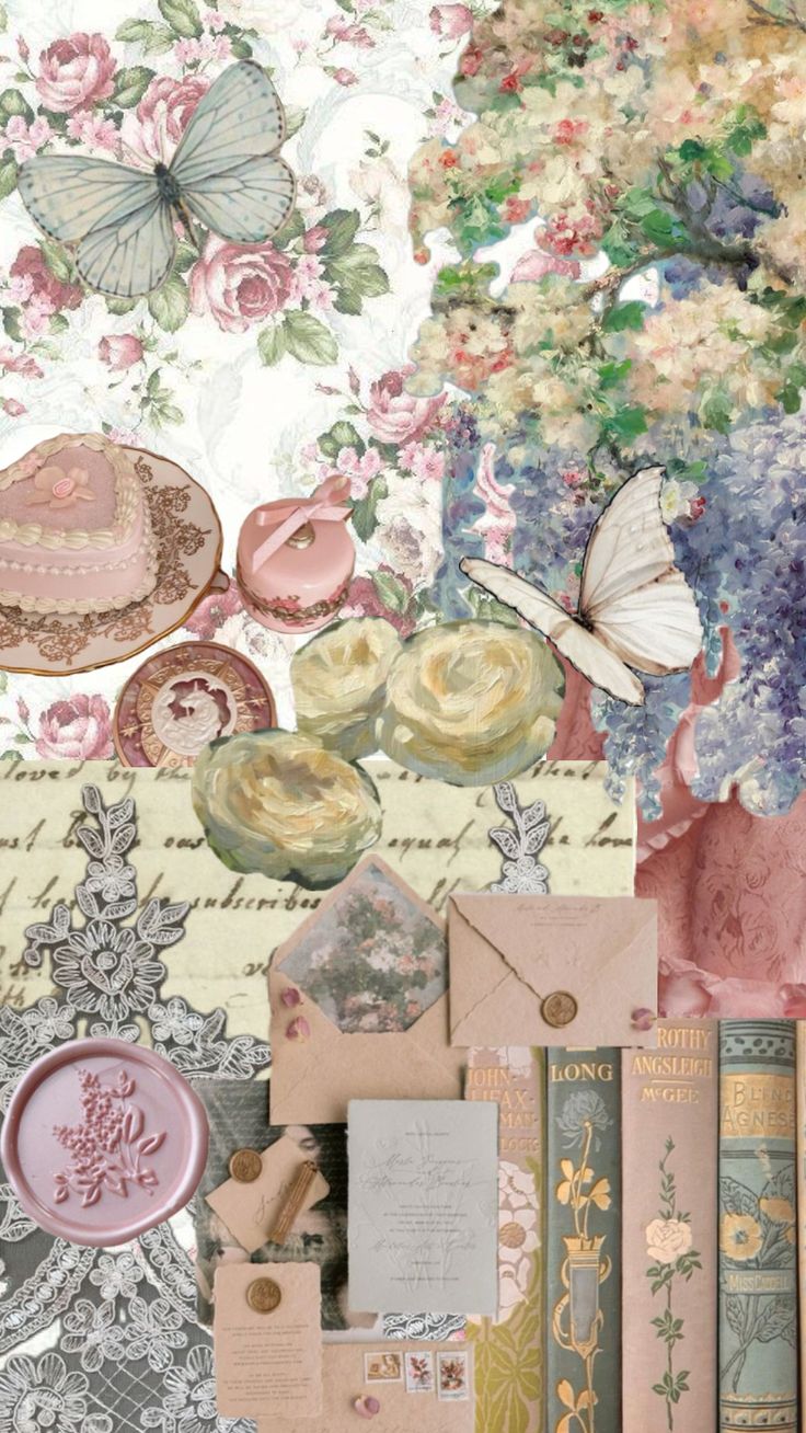 a collage of flowers, books and other items on a table with paper plates