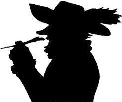 the silhouette of a man with a hat and feather on his head holding a knife