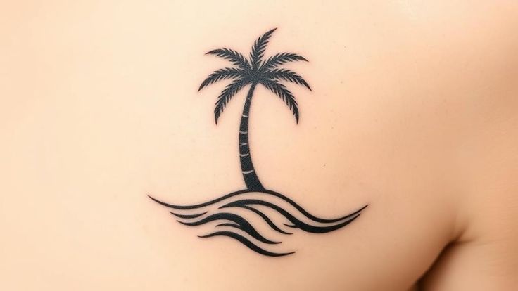 a palm tree tattoo on the back of a woman's left shoulder and chest