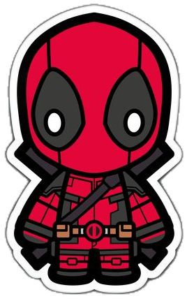 a deadpool character sticker with black eyes and a red outfit, standing in front of