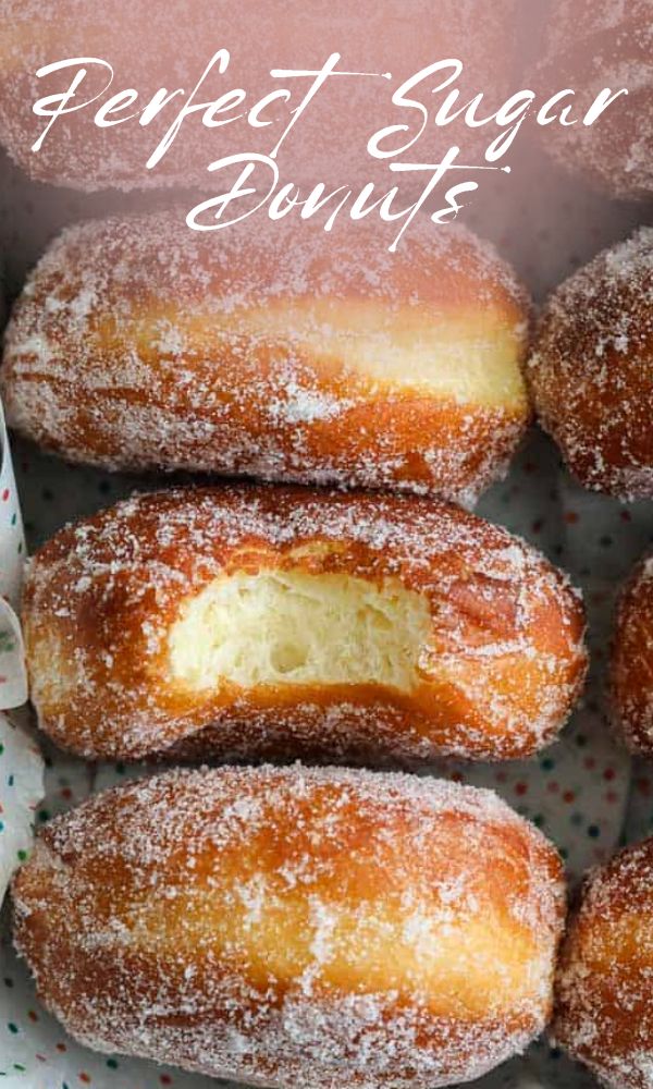 powdered sugar doughnuts in a basket with the words perfect sugar donuts