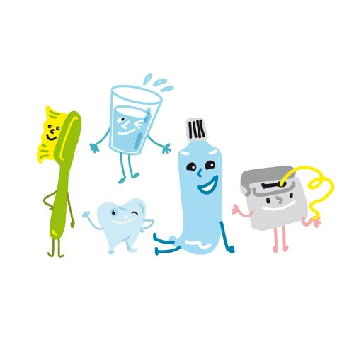 three cartoon toothbrushes, one with mouthwash and the other holding a toothpaste