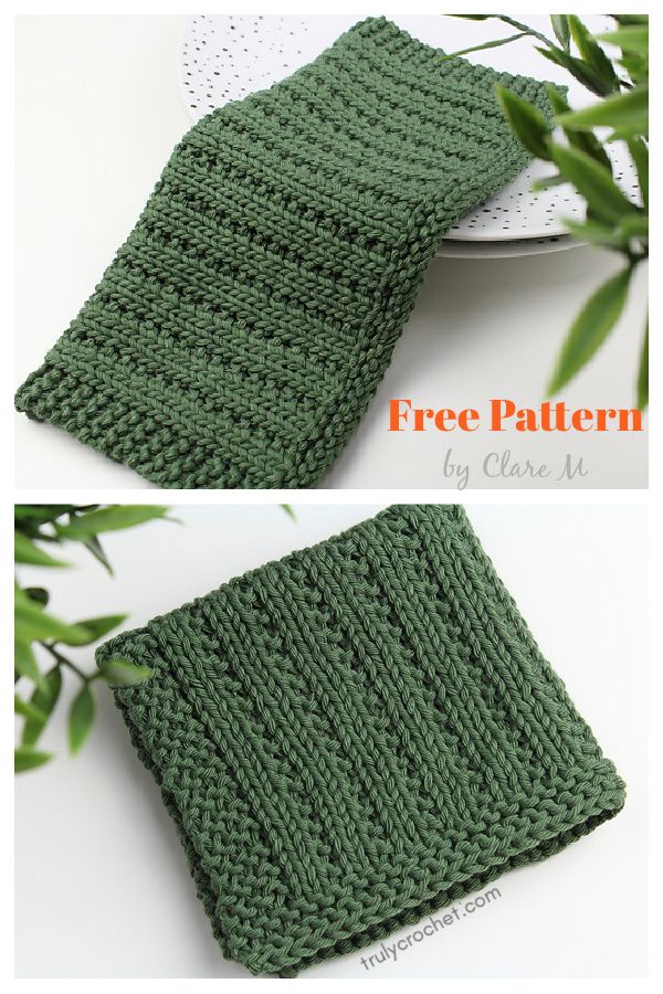 two pictures of green knitted dishcloths on a white plate and one has a plant in the background