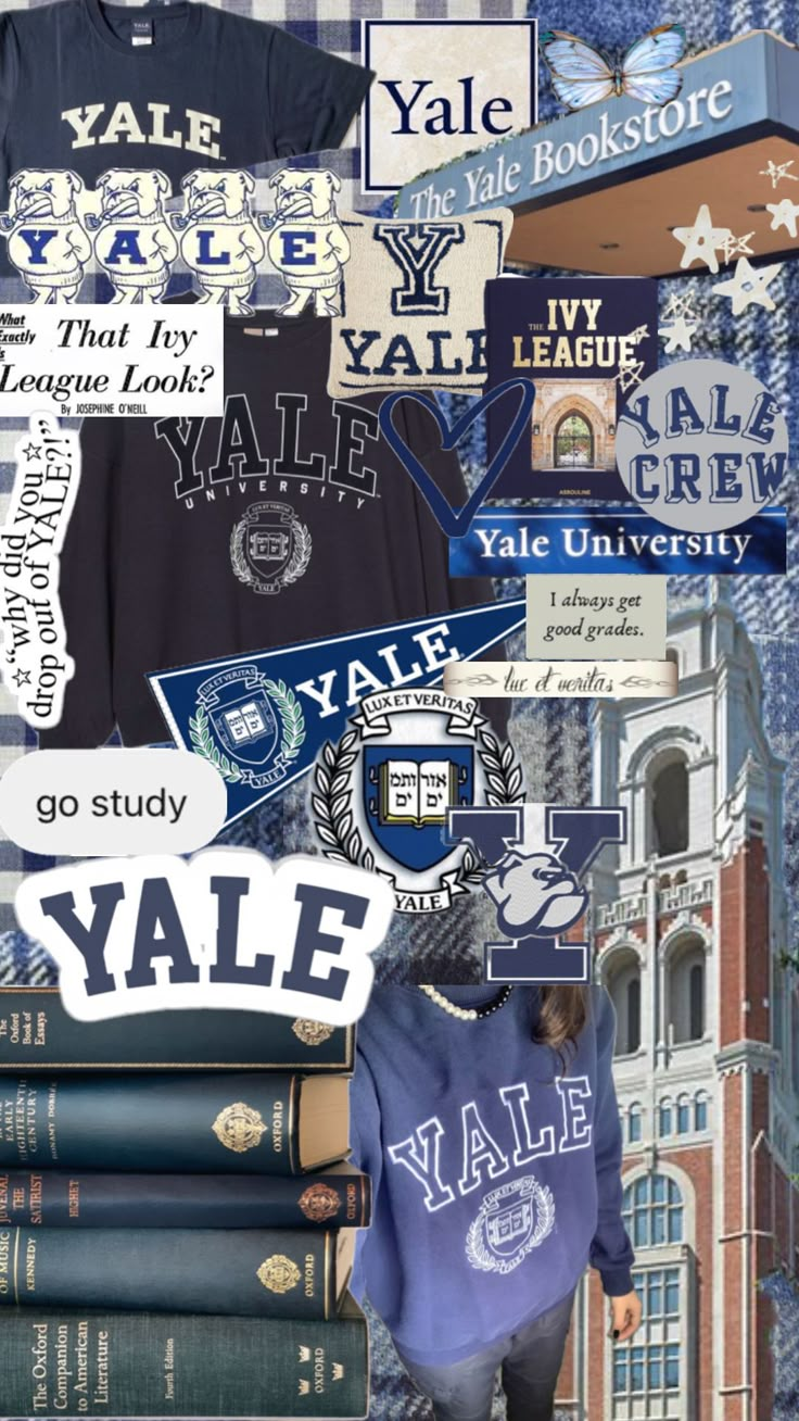 a collage of college shirts and books with the words yale written on them