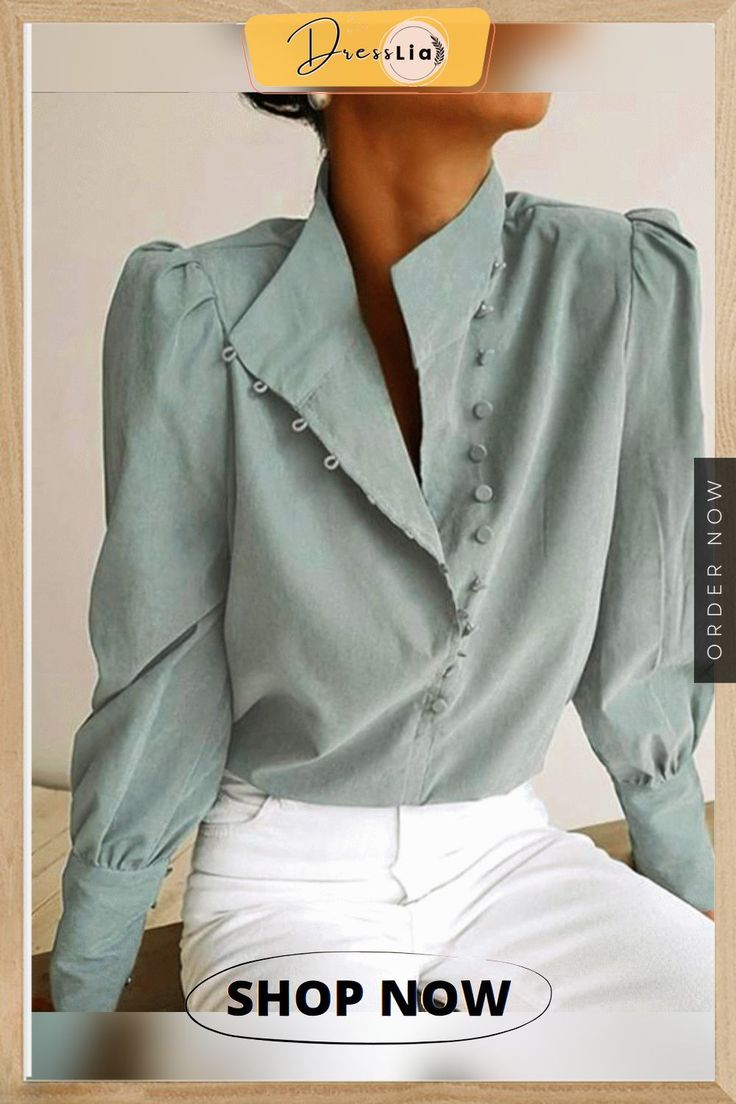 Women Vintage Stylish Button Shirts&blouses Office Button-up Tops With Button Cuffs, Chic Long Sleeve Tops With Buttons, Long Sleeve Button Blouse For Office, Long Sleeve Blouse With Buttons For Office, Trendy Solid Color Office Blouse, Office Tops With Collar In Solid Color, Trendy Office Blouse With Button Cuffs, Office Wear Tops With Button Closure, Chic Fall Blouse With Buttons