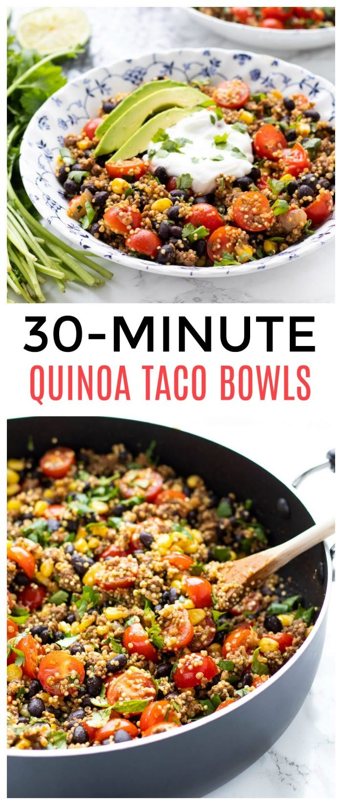 the recipe for quinoa taco bowls is shown in two different pictures, one with