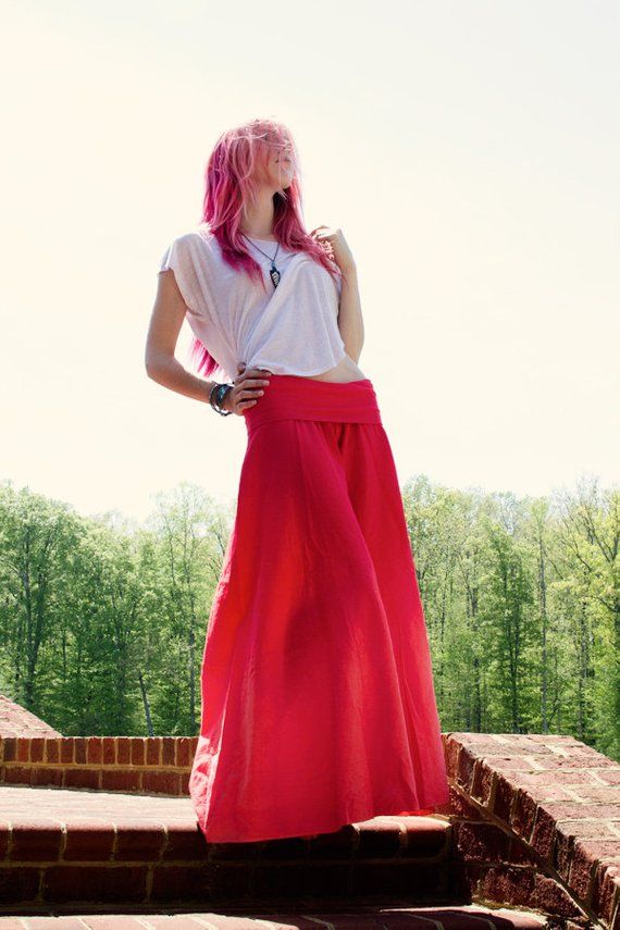 Looks like a skirt but they're pants!  The coral/pink fade is best seen in person-  the color is just so lush it radiates ♥ These gorgeous things of beauty are made of a super soft and lightweight cotton gauze-  airy enough to float in the wind but opaque enough for modesty's sake.  These are the ultimate comfort for lounging around in the sun.  Features a wide fold-over band of cotton/rayon stretchiness to ensure the perfect fit!You choose your size and your length - each pair is entirely custo Non-stretch Long Pink Skirt, Casual Red Long Skirt, Spring High Waist Wide Leg Pants With Wide Waistband, Pink Non-stretch Yoga Pants, Pink Summer Yoga Pants, Spring Hippie Wide Leg Bottoms, Pink Yoga Pants For Summer, Hippie Wide-leg Bottoms For Spring, Summer Yoga Pants In Pink