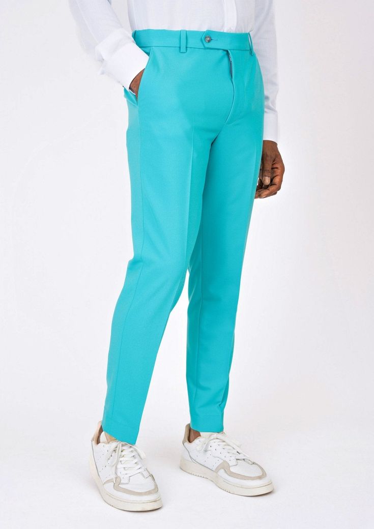 Be bold in our Aqua Blue Stretch Pants. Made with a stretch cotton fabric, these custom made pants will move with you and stand out wherever you go. Blue Slim Fit Elastane Bottoms, Blue Slim Fit Bottoms For Spring, Blue Straight-leg Elastane Dress Pants, Blue Straight Elastane Dress Pants, Blue Elastane Tapered Leg Bottoms, Blue Tapered Leg Elastane Bottoms, Blue Slim Fit Straight Pants, Blue 4-way Stretch Bottoms For Spring, Spring Blue 4-way Stretch Bottoms