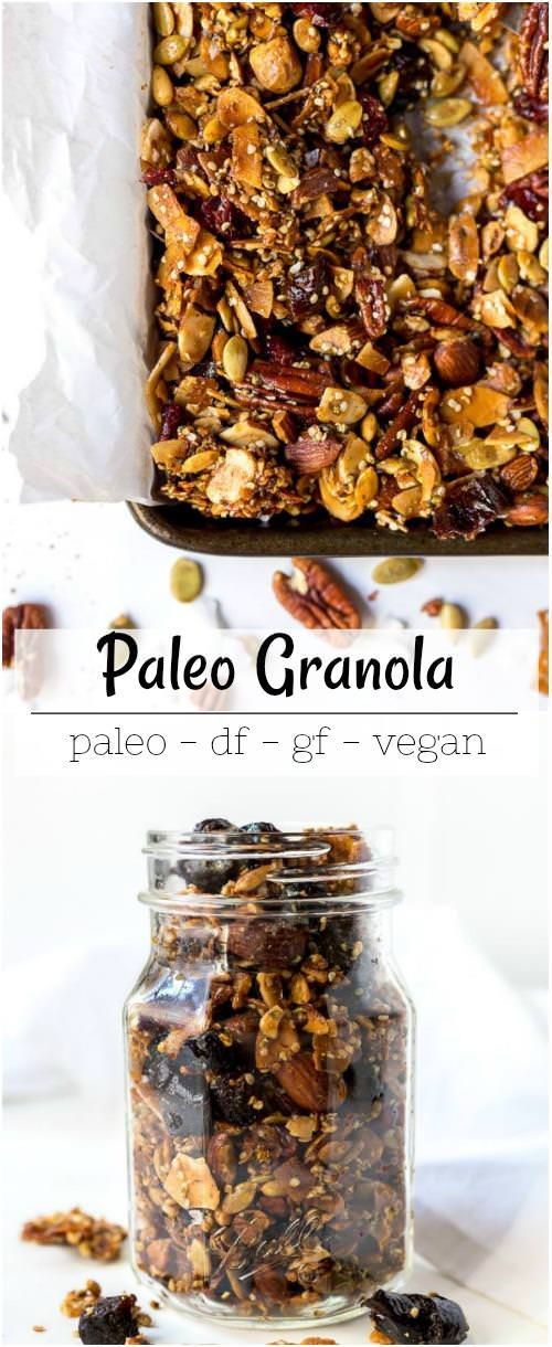 the ingredients for paleo granola in a glass jar and on top of each other