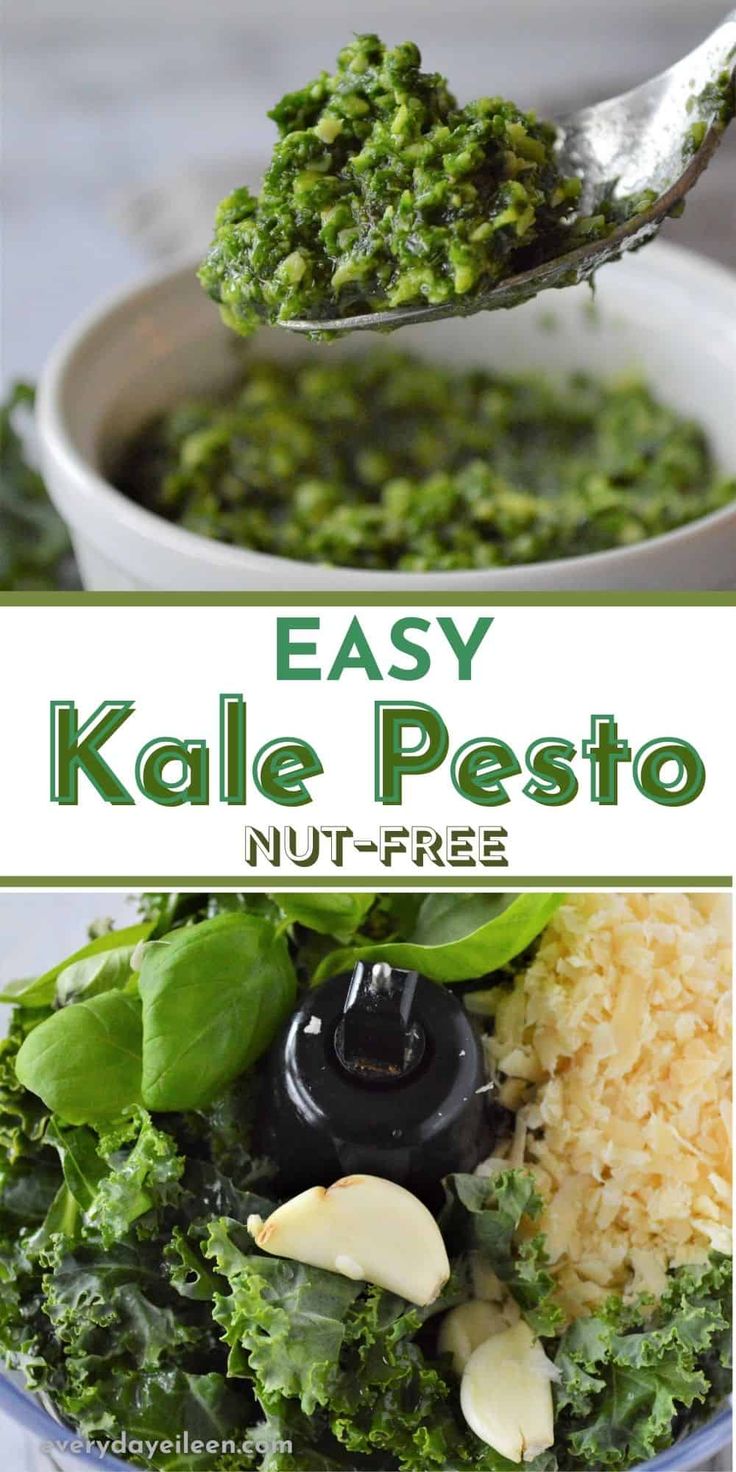 kale pesto in a bowl with rice and spinach on the side, being held up by a spoon