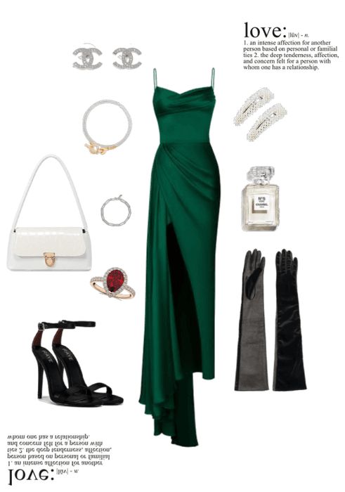 Long dress, green dress, jewelry, elegant, boujee, luxurious, channel Dress With Gloves Classy, Green Dress Aesthetic, Prom Dress With Gloves, Elegant Green Dresses, Green Dress Outfit, Dress And Gloves, Dress With Gloves, Green Formal Dresses, Long Green Dress