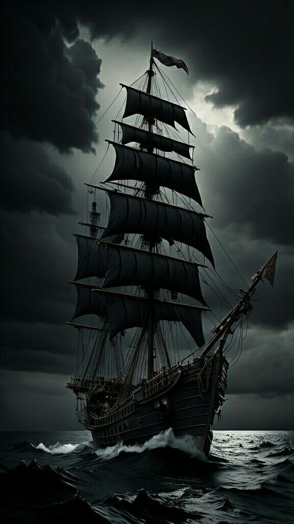 an old ship sailing in the ocean under a cloudy sky