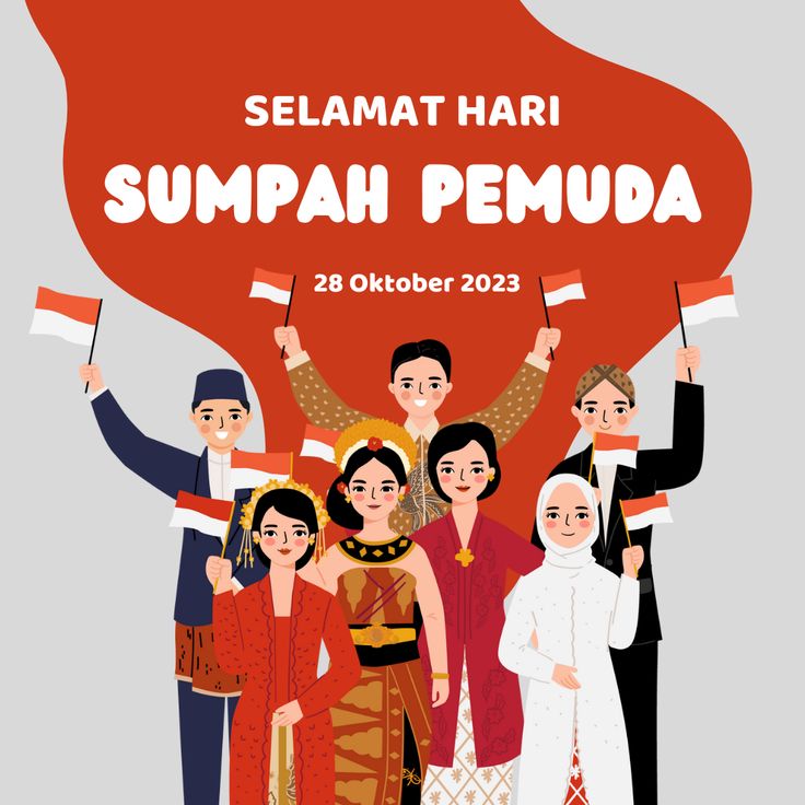 an image of people holding flags and the words selamat hari sumpah pemua