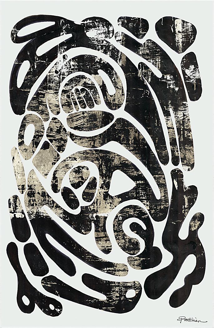 a black and white painting on paper with an abstract design in the center, surrounded by smaller circles