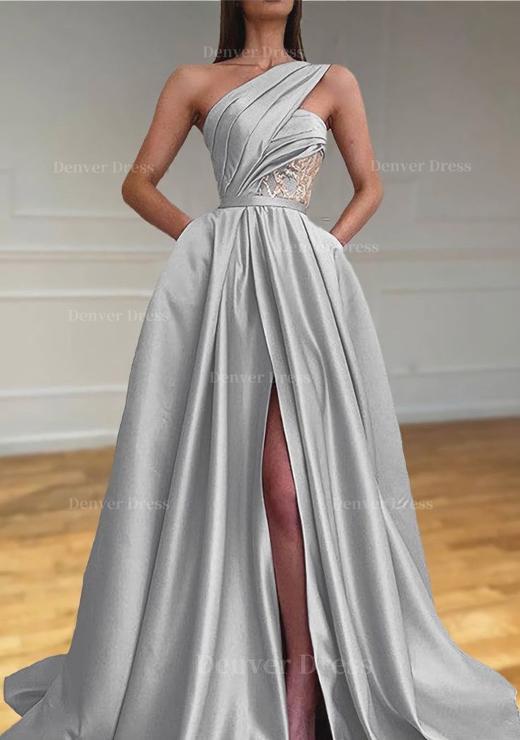 A Line One Shoulder Sleeveless Sweep Train Satin Prom Dresses For Black girls With Split Pleated Mermaid Sequin Dress, Sparkle Prom Dress, Prom Dress With Train, Modest Prom Dresses, Detachable Skirt, Modest Prom, Valentines Day Dresses, Prom Dresses Modest, Party Kleidung