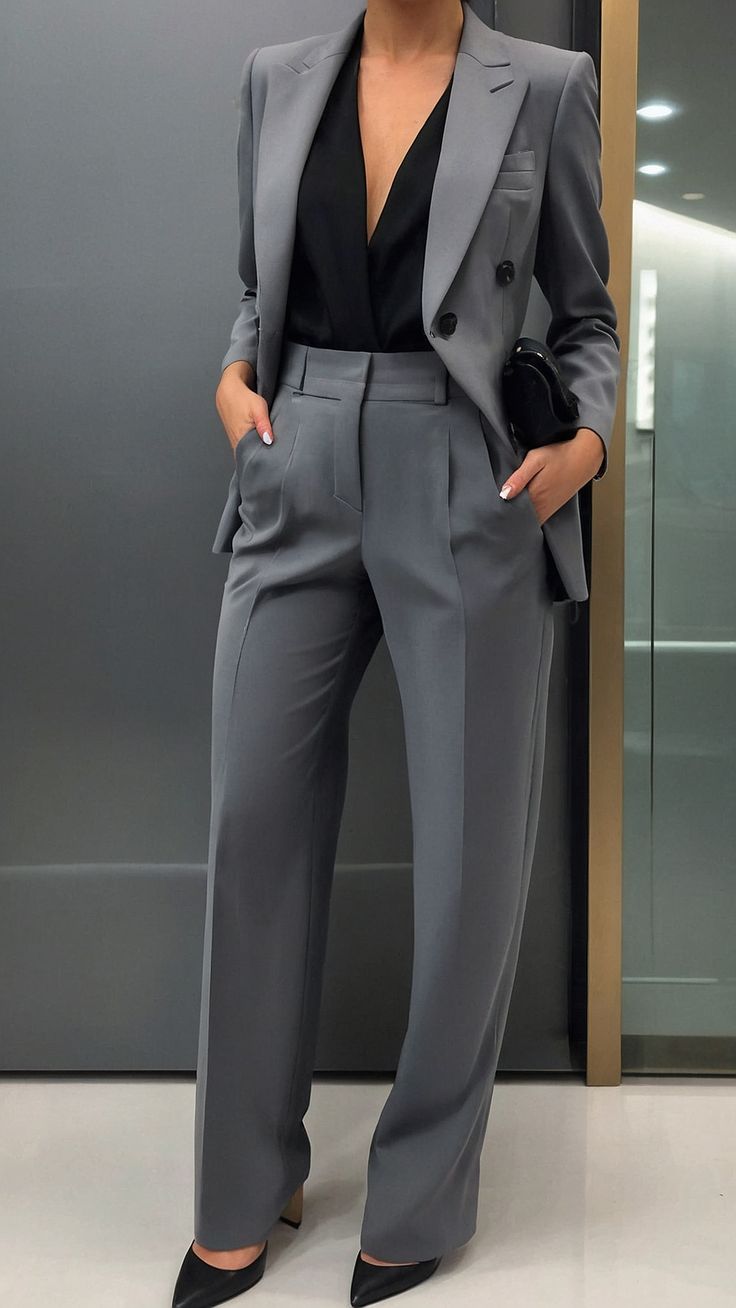 Chic Business Suits Women, Boss Vibes Outfits, Women Suits Office, Womens Business Attire Suits, Classic Women Suit, Gray Suit Outfits Women, Women’s Business Power Suit, Female Architect Aesthetic Outfit, Women's Suits Formal