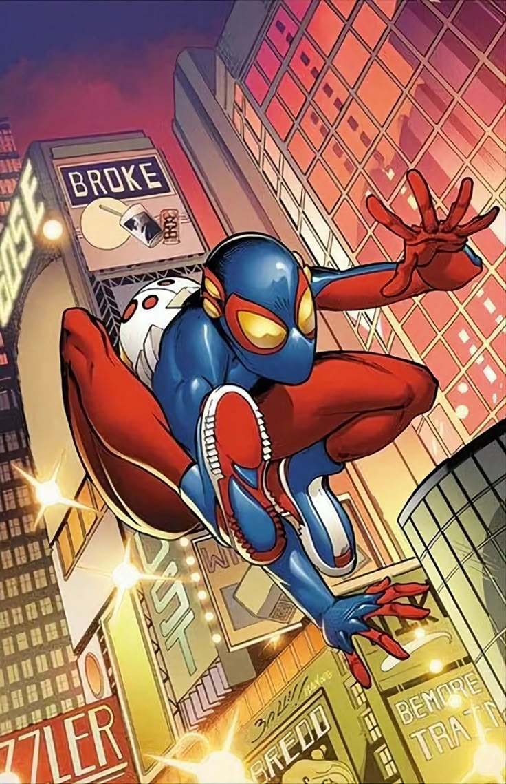 a cartoon character flying through the air in front of some tall buildings and skyscrapers