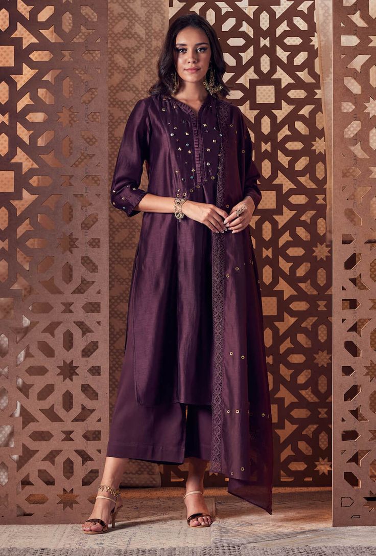 Charkhee-Choco Chanderi Kurta Set-INDIASPOPUP.COM Chanderi Kurta Designs, One Shoulder Drape Dress, Kurta And Dupatta, Velvet Kurta, Embroidered Sharara, Blouse Yoke, Pleated Neck, Indian Luxury, Kurta Palazzo Set