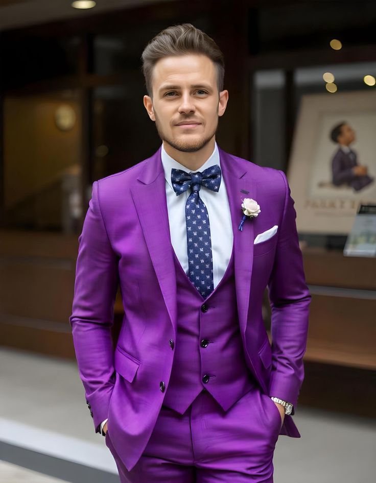 MEN WEDDING SUIT, Premium Cotton Blend Purple Three Piece Suit, Party Wear Slim Fit Suit This is new modern Slim fit 3D Cut style which give you look slimmer and smarter. Color - Purple Jacket and vest are lined with 100% Satin Notch Lapel, Two Pockets at bottom of jacket and one inside. Free Express Shipping all over the world. Purple Tuxedo Wedding, Purple Tuxedo, Men Wedding Suit, Mens Wedding Suits, Tuxedo Wedding, Purple Jacket, Slim Fit Suit, Three Piece Suit, Wedding Suits Men