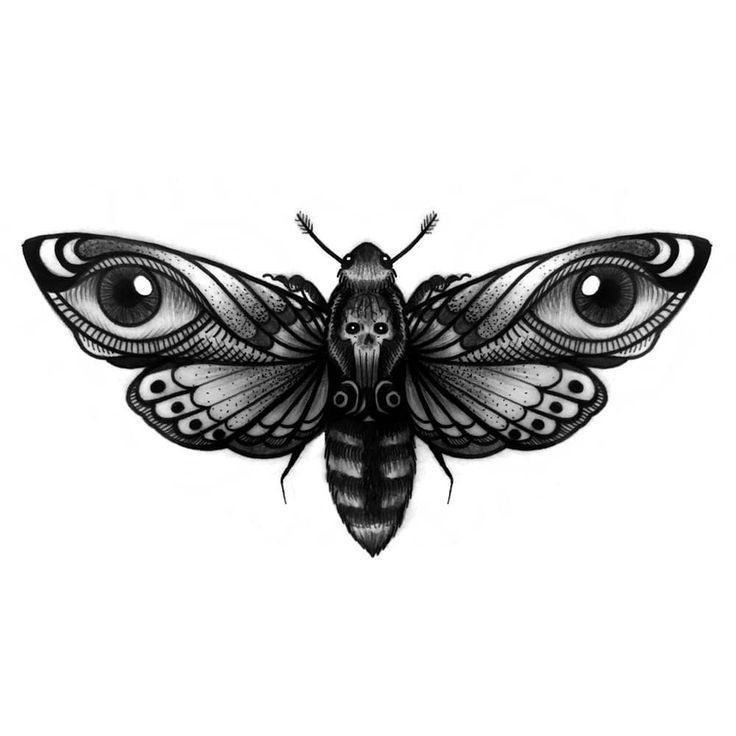 a black and white drawing of a butterfly with eyes on it's back side