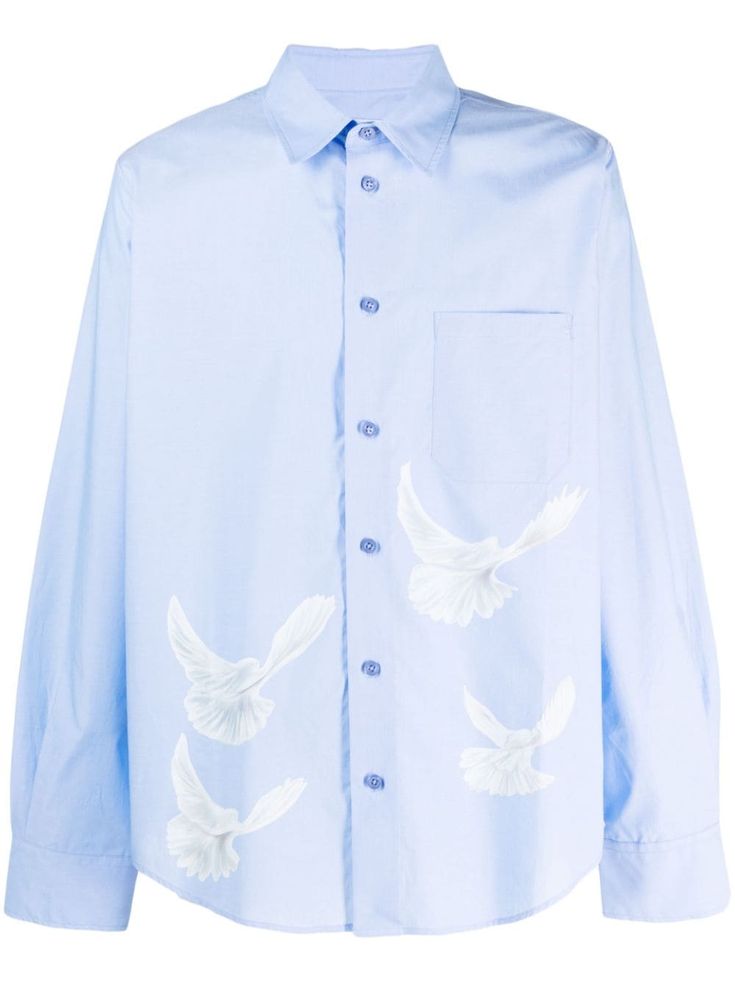 light blue cotton classic collar front button fastening graphic print to the front graphic print to the rear chest patch pocket long sleeves buttoned cuffs curved hem Singing Birds, Singing Bird, Cotton Shirts, Patch Pocket, Cotton Shirt, Graphic Prints, Singing, Light Blue, Mens Shirts