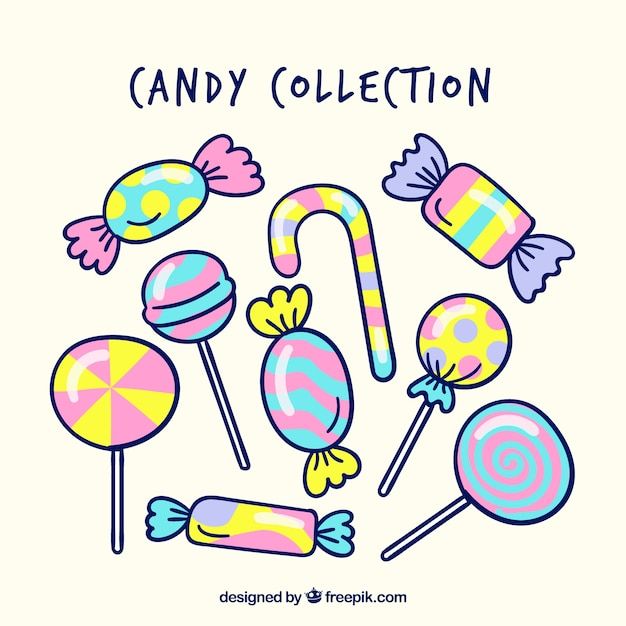 candy collection with colorful candies and lollipops on white background, hand drawn illustration