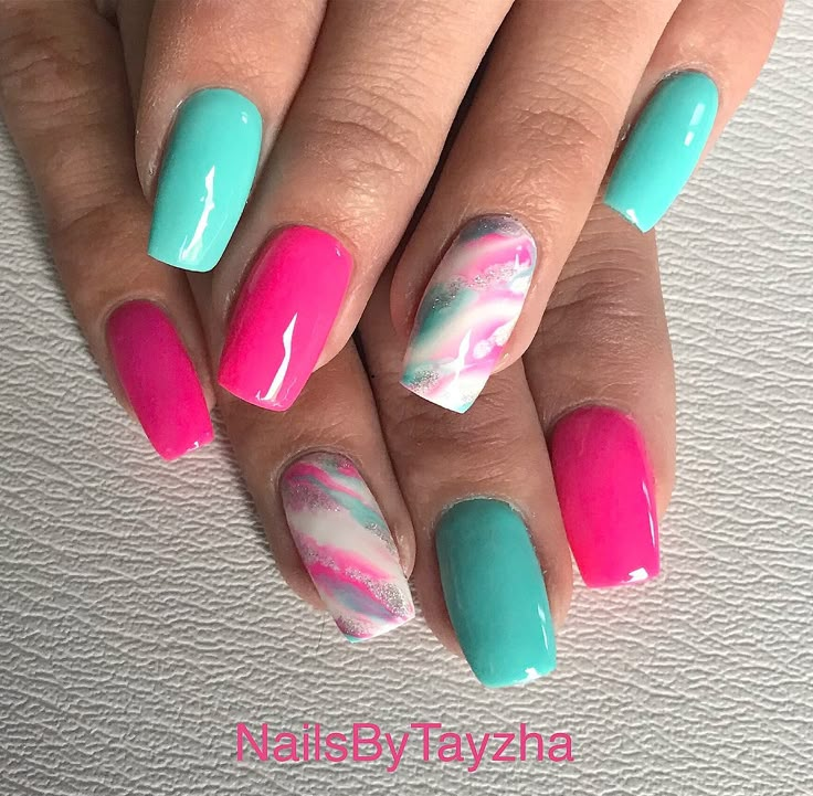 Teal And Pink Nail Designs, Teal And Pink Nails Acrylic, Bright Pink And Teal Nails, Fun Teal Nails, Tiffany Blue And Pink Nails, Bright Cruise Nails, Pink And Turquoise Nails Summer, Pink Purple Teal Nails, Hot Pink And Turquoise Nails