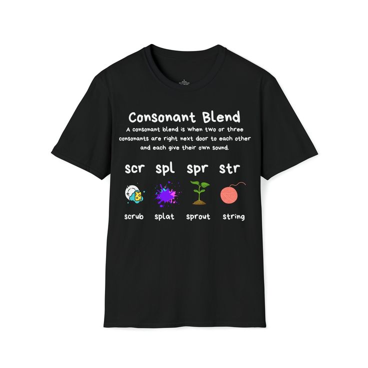 Enjoy soft to the touch style while fun and thoughtful designs help to reinforce what students are learning throughout the day. The front of this cute shirt displays examples triple consonant blends. You become your best bulletin board! You are the reason why this business was started! If for any reason you're not satisfied please reach out so I can make your order right!  Additional Product Information: This unisex soft-style t-shirt puts a new spin on casual comfort. Made from very soft materi Educational Graphic Print Crew Neck T-shirt, Bulletin Board Elementary, Grammar Bulletin Boards, Reading Coach, Teach Phonics, Consonant Blends, Shirt Display, Teaching Grammar, Teaching Phonics