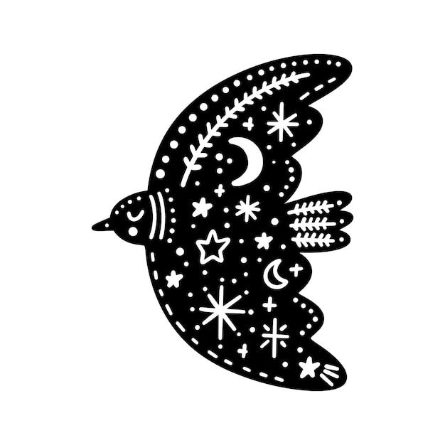 a black and white drawing of a bird with stars