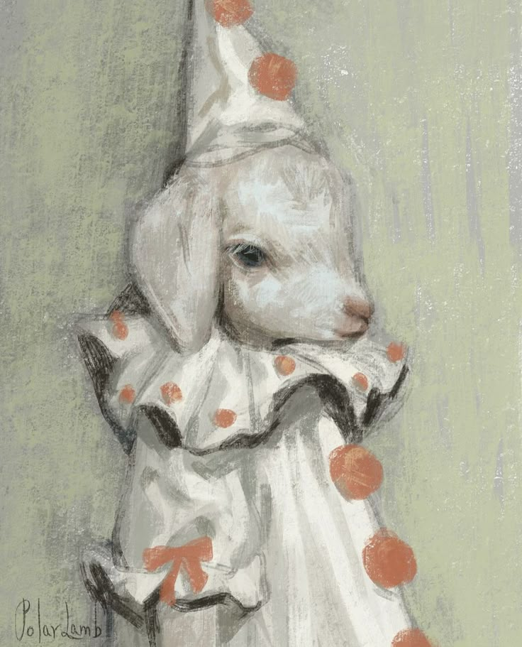 a painting of a white dog wearing a party hat and polka dot dress with orange dots