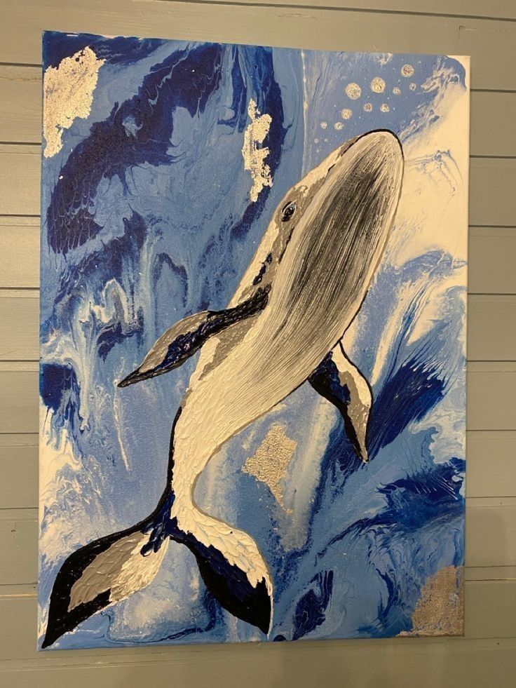 a painting of a humpback whale in blue and white