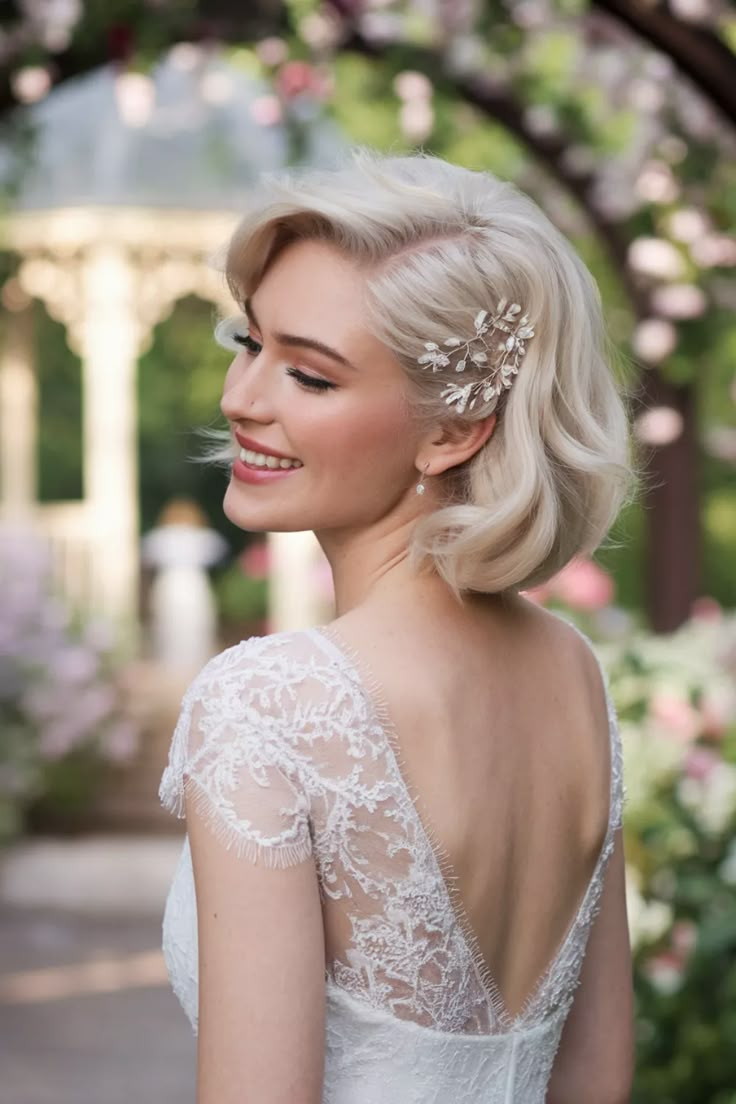 Discover the charm of this elegant short hairstyle women with soft layers and stunning curtain bangs, perfect for your wedding day. This chic bob balances sophistication and romance effortlessly, while its natural waves add a touch of grace. Embrace your unique beauty and shine on your special day! #shorthairstylewomen #Wedding #Bob #CurtainBangs 60s Bride Vintage, Wedding Hairstyles Down Short Hair, Short Bob Pinned Back, Wedding Hair For Chin Length Hair, Short Bob Wedding Hairstyles With Veil, Chin Length Bob Wedding Hair, Short Hairstyles Bride, Bob Haircut Wedding Hairstyles, Short Bridal Hair With Headband