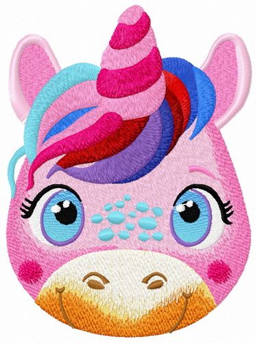 a pink pony with a colorful hat on top of it's head and blue eyes