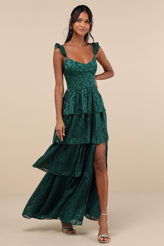 Stunning Glory Hunter Green Floral Jacquard Tiered Maxi Dress Dark Green One Shoulder Dress, Halter Engagement Dress, Winter Formal Dresses Long Tight, Emerald Green Pleated Dress, Wedding Guest Dress Chiffon, Casual Green Wedding Dress, Ruffle Sleeve Prom Dress, Eclectic Cocktail Dress, Green Prom Dress Midsize