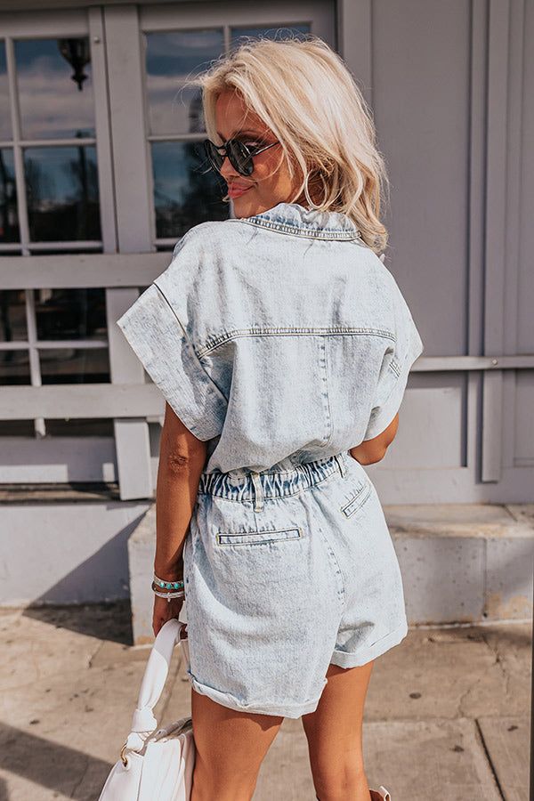 - It doesn't get trendier than this unique romper! - Unlined, non-stretch denim with subtle faded detail - A collared neckline - A button down bodice - Short sleeves with wide cuffs - An elastic banded waistline with belt loops and hidden zip fly - Functional low front pockets as well as optional back pockets - A relaxed yet flattering silhouette that ends in upper-thigh length rolled hemlines Measurements S : Bust 38", Front Rise 14.5", Hip 38", Inseam 3", Length 31.5", Sleeve Length 10", Waist Denim Romper, Wide Cuff, Women Clothing Boutique, Hip Length, Online Womens Clothing, Boutique Clothing, Stretch Denim, Bodice, Rompers