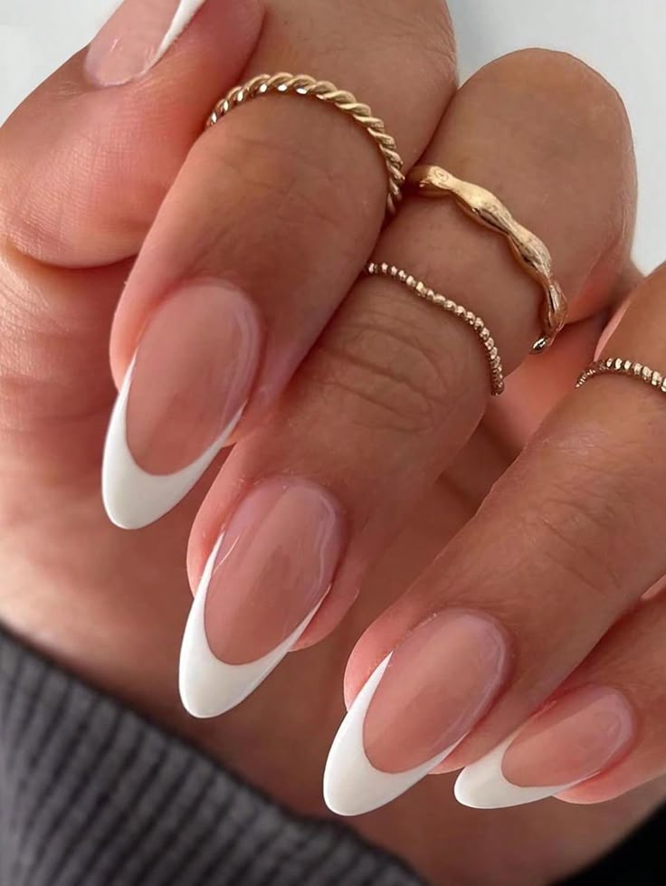 Almond French Tip Nails Summer, Summer Nail Inspo Almond French Tip, French Nail Designs White, Almond French Tips With Design, Medium Almond French Tip Nails, All White Almond Nails, Almond White Tip, Summer Nails White Design, Short French Tip Nails Almond