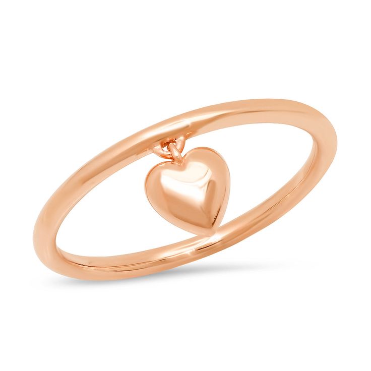 14K Rose Gold Hanging Heart Ring 14k Rose Gold Stackable Promise Rings, Rose Gold Sterling Silver Heart Ring With Charm, 14k Gold Stackable Rings With Heart Charm, Stackable Heart Open Ring For Valentine's Day, 14k Gold Heart-shaped Solitaire Ring, Heart-shaped Rose Gold Solitaire Jewelry, Stackable Rose Gold Diamond Promise Ring, Heart Shaped Rose Gold Solitaire Jewelry, Dainty Rose Gold Heart Ring In Sterling Silver