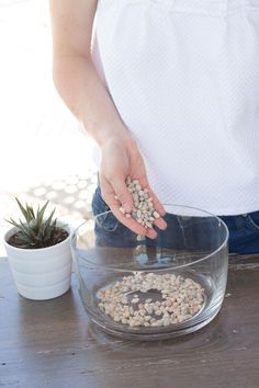 a person standing in front of a bowl with some food on it and a potted plant