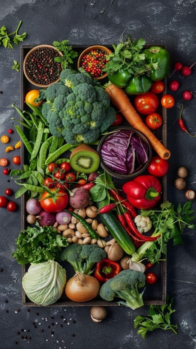 a tray filled with lots of different types of vegetables