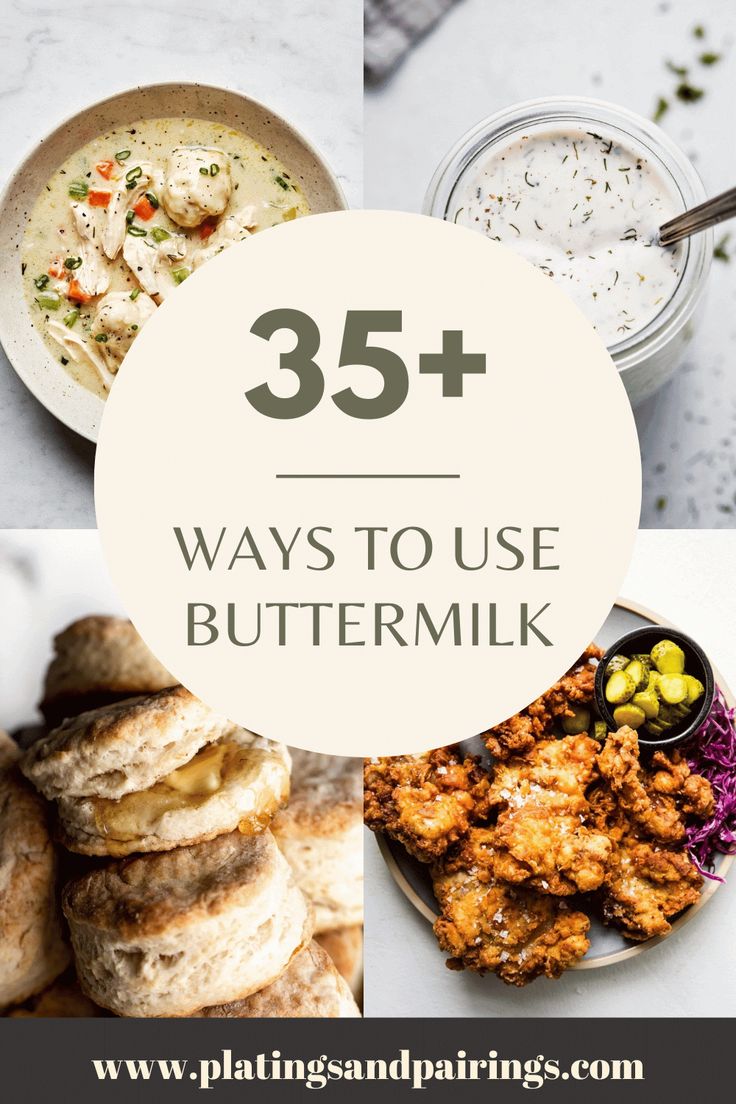 the words 35 + ways to use buttermilk are shown in four different pictures