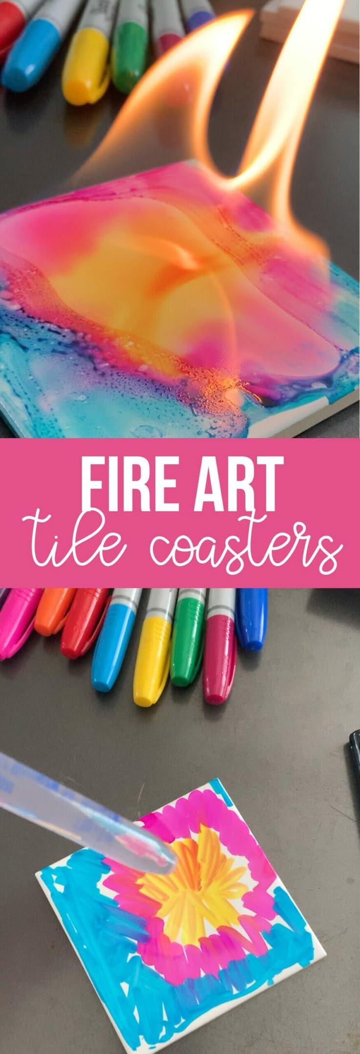 colorful art with text overlay that says fire art tile coasters on top of it